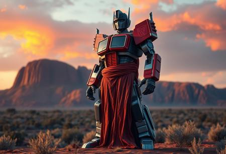 Create a highly detailed, 8K resolution image of Optimus Prime as an old man, specifically a robot Battle Footballer, with a robust, stocky body, wearing a long, tattered dress in red or blue hues, set against the breathtaking backdrop of an Ayers Rock sunrise. Implement a toon rendering style with tone mapping, subsurface scattering, and atmospheric effects. The image should exhibit lifelike details and follow the golden ratio. Use an Octane render with post-processing to achieve a hyper-detailed, HD photo quality finish.