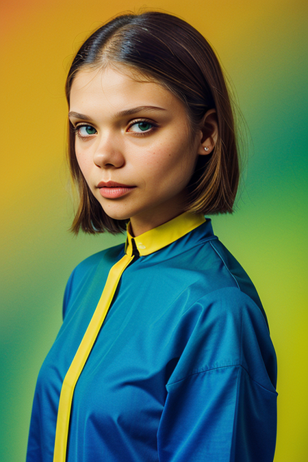 SashaKaigorodova, Century Camera Co. Studio, 160mm f/8, 1/10s, ISO 25, ((tintype, portrait, full color, bold color, yellow, green, gradient)), blouse, ((geometric halftone background))