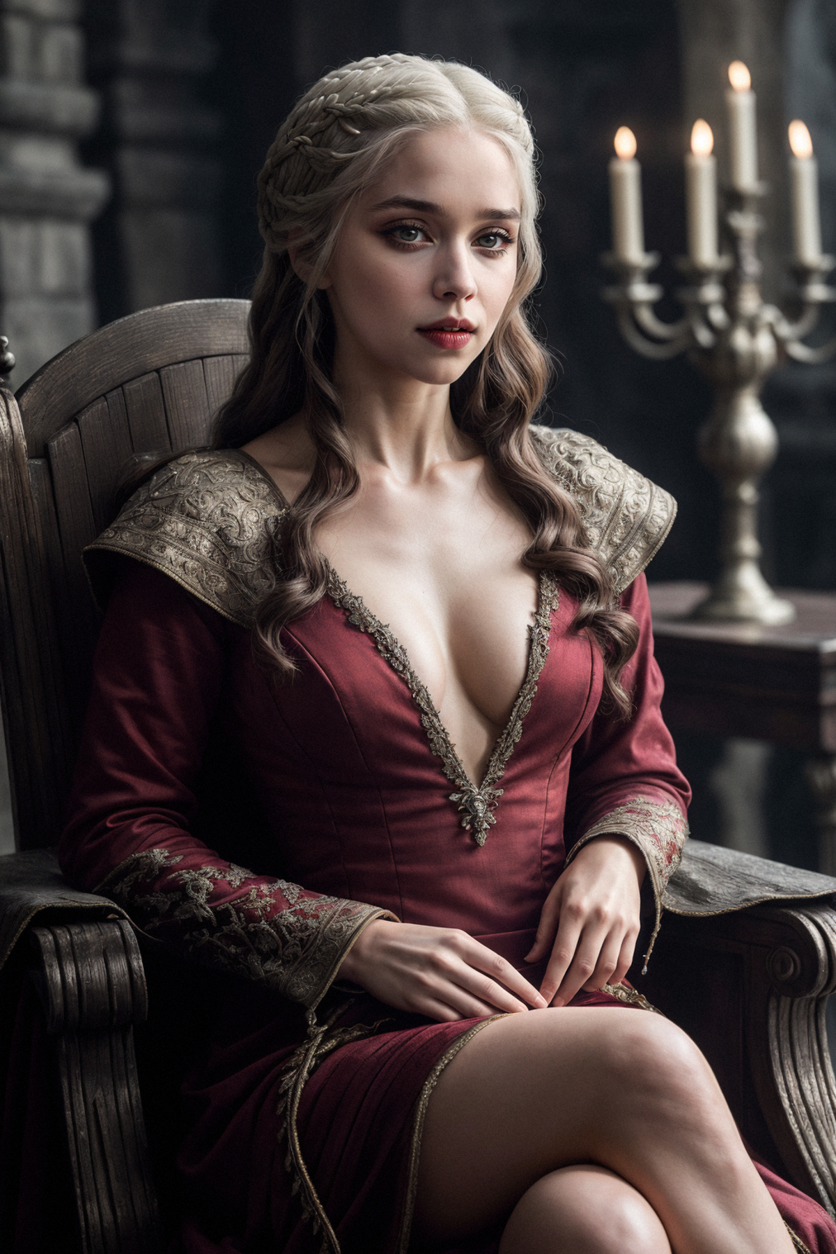 A woman in a red dress sitting in a wooden chair.