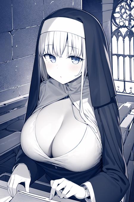 masterpiece, best quality, 1girl, tighhighs, nun, white hair, bung, breasts, cleavage, solo, revealing clothes, looking at viewer, jewelry, <lora:himurakiseki:1>, church,
((monochrome)), blue lines,