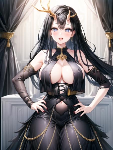 Golden_Hind,black hair,asymmetrical horns, black dress,long skirt,