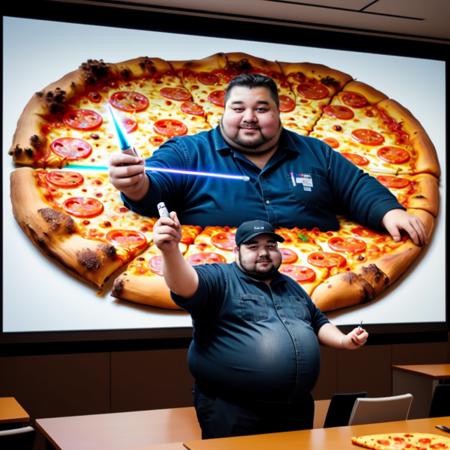 fat man, presentation, screen, realistic, holding pointer, laser pointer, in front of a large screen, pizza on it, <lora:Presentation _v1:0.5>