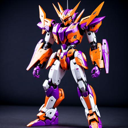 photo (DimensionGundam style:1) purple and orange robot standing in front of a black background <lora:djzDimensionGundamV21:0.6>