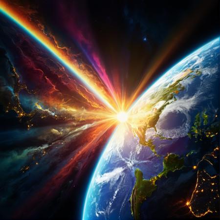Intense lines of light of colors and bright, bold colors, abstract forms,perfect composition, inspirational,highly detailed digital painting,complex masterpiece, beautiful proportions, complex physics,enhanced colors, Ultra detailed Diffused light dark night, vibrant colors, high detail
BREAK
(detailed image of planet earth:1.2), <lora:xl_more_art-full_v1:0.7>, view from space, sun rays coming from behind,  <lora:DreamARTSDXL:0.6>,solar wind