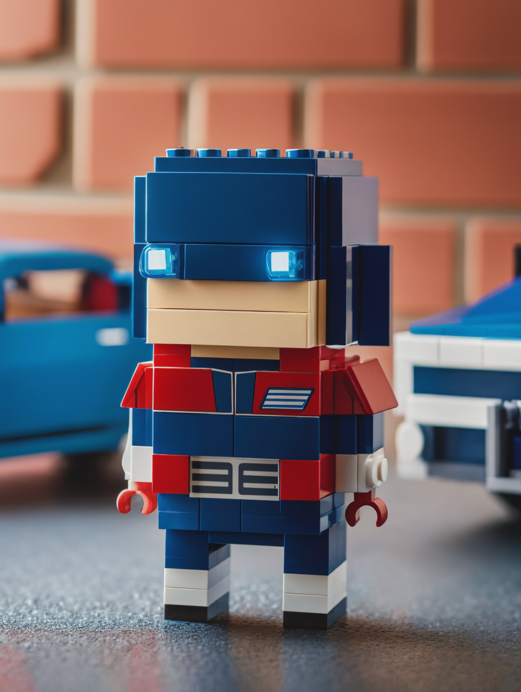 LEGO BrickHeadz, Optimus Prime in the Transformers, in a garage, cars in background <lora:lego_v2.0:0.8>, masterpiece, hig...