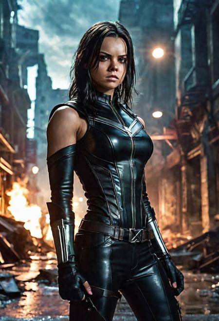 High resolution ultra-realistic of Beautiful Laura Kinney/X-23, cinematic lighting, MCU style, ultra realistic, 8K, fighting stance, X-Men style, standing among the ruins of buildings, Greg Rutkowski, Intricately Designed bloody dirty face, wavy black hair, Realistic beautiful brown eyes, gazing straight ahead, Atrractive 21 years old Dafne Keen as X-23 woman, realistic modern combat X-Men costume, dirty, bloody, beautiful firm Breasts, defiant and seductive, X-Men style, Marvel style, MCU sci-fi style, Superheroine, Standing in the middle of a dark dirty street on the City, sharp focus, digital painting, Photograph Taken on Nikon D750, Alphonse Mucha, 8K, athletic figure, Hyperdetailed, hyperrealism, aesthetics reminiscent of X-Men, Attractive, Attractive bust girl, asymmetric balance