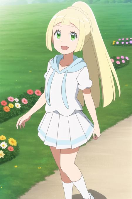 (masterpiece), high quality, detailed background, 1girl, solo,
<lora:PokemonLillie-v1-03:0.7>, ChopioLillie, blonde hair, long hair, blunt bangs, green eyes, (looking at viewer:1.3),
high ponytail, braid,
outfit_1, white shirt, hood, hood down, puffy short sleeves, white skirt, pleated skirt, white socks, white shoes,
outdoors, standing, grass, hills, river, forest, smile, happy, open mouth,