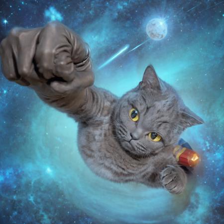 highres, 8k, absurdres, solo, 1cat, non_human, cat, (Chartreux:1.5),  solo, from above, (Ultraman_Rise:1.75), (clenched hand:1.4), simple background, space, looking at viewer, upper body,(c4ttitude:1.2), flying cat, flying,
((tokusatsu)),  
 <lora:Ultraman_Rise_v2-000005:0.75>, <lora:Chartreux_38-000002:0.4> , <lora:c4ttitudeflexver:0.35>