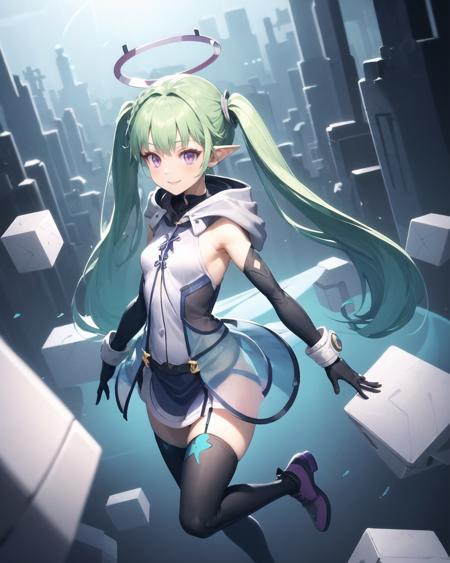 best quality, (masterpiece:1.2), illustration, absurdres,
(1girl, solo), (beautiful detailed girl),
<lora:Mare-08:0.8>, Mare, long hair, green hair, twintails, purple eyes, mechanical halo, tiny, petite, small, small breasts,
hood,  white dress, white boots, aqua skirt, see-through skirt, translucent skirt, long gloves, (black gloves, black thighhighs:1.1),
proud, confident, happy, smile, (looking at viewer),
((flying, floating)), 
((virtual, hacker, hacking, matrix, floating cubes))