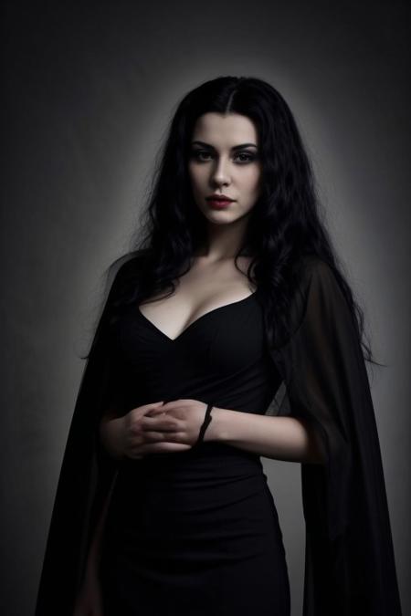 film stripes, photorealistic, perfect face, god rays, pitch black background, pitch black room, pitch black scenario, ((greyscale)), strong eyeliner, romantic but dangerous smile, pitch black revealing gown, very beautiful woman, long pitch black hair, massive wild bodylong pitch black hair, vampira inspired by maila nurmi, like an ed wood movie, pitch black partly withered cape, very aristocratic noble pose