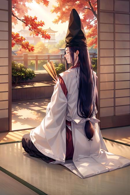 masterpiece, best quality,male focus, 1boy, long hair, hand fan, tate eboshi, low-tied long hair, japanese clothes, kariginu, hat, solo, folding fan, sitting, folded fan, very long hair, black hair, tatami, sliding doors, holding fan, sunlight, wide sleeves, indoors, holding, tree, day, ribbon-trimmed sleeves, bishounen, profile, ribbon trim, black headwear, veranda, long sleeves, seiza, board game, wooden floor, paper fan, cup, on floor, shouji, east asian architecture, hakama, full body, smile, closed eyes, architecture, from behind, light rays, bangs, outdoors, from side