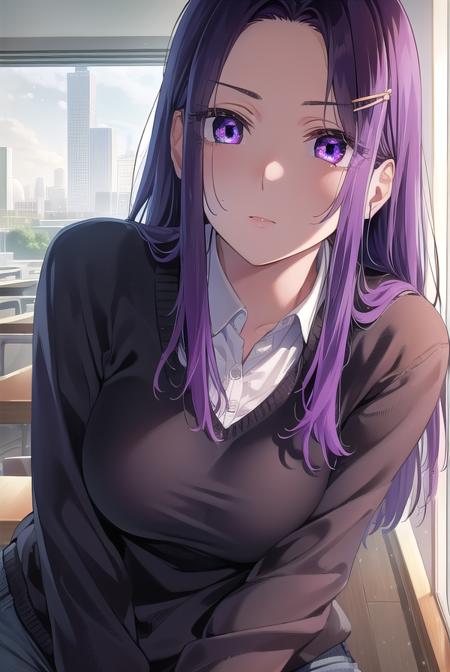 sayuriakino, <lora:sayuri akino manga-lora-nochekaiser:1>,
sayuri akino, long hair, hair ornament, hairclip, purple hair, (purple eyes:1.1), (forehead:1.2),
BREAK shirt, white shirt, collared shirt, sweater, black sweater,
BREAK indoors, classroom,
BREAK looking at viewer, (cowboy shot:1.5),
BREAK <lyco:GoodHands-beta2:1>, (masterpiece:1.2), best quality, high resolution, unity 8k wallpaper, (illustration:0.8), (beautiful detailed eyes:1.6), extremely detailed face, perfect lighting, extremely detailed CG, (perfect hands, perfect anatomy),