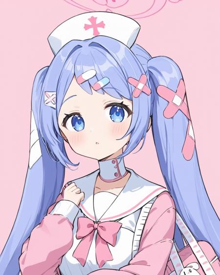 hanae \(blue archive\),1girl, twintails, solo, nurse_cap, halo, simple_background, :o, looking_at_viewer, bandaid, pink_background, white_sailor_collar, pink_jacket, school_uniform, blush, long_sleeves, hairclip, pink_bowtie, upper_body, sketch, dress, parted_lips, crossed_bandaids, bag
<lora:hanae_(blue_archive)_image534_2023-11-26:1>halo. gorgeous,key visual, vibrant, studio anime,award-winning, professional, highly detailed,high budget, cinemascope