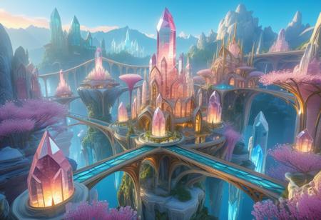 Floating crystal city, fluroite city, aerial view, futuristic cityscape, floating city, large city, busy city, multiple levels,  crystal-like architecture,  tall spires, many tall crystal structures, (crystal towers:1.2), glowing structures, (fluorescent crystal buildings:1.5), floating islands connected by bridges, (crystalline bridges:1.2), (crystal bridges:1.4), (waterfalls with glowing effects:1.2), stylized trees, (pink flowering trees:1.2), digital art, fantasy style, high detail, vibrant lighting, (atmospheric lighting:1.2),  detailed architecture, intricate design, wide-angle shot, (aerial perspective:1.2), (glowing crystal caverns:1.2), serene atmosphere, magical, detailed cityscapes, beautiful, scenic, (detailed crystal formations:1.3), fantasy city, detailed landscape, vibrant colors,  detailed textures, digital painting, fantasy art, (floating island design:1.2), (city architecture:1.3),  (mountain ranges:1.1),  (green valleys:1.1), (sunset:1.2),  (vibrant color palette:1.2), 8k resolution,  epic scale, landscape painting,  detailed city environment,  floating islands,  floating city, composition, scenic view, (ethereal:1.5), gorgeous, masterpiece, crystal, fluorite, (art nouveau style architecture:1.5).