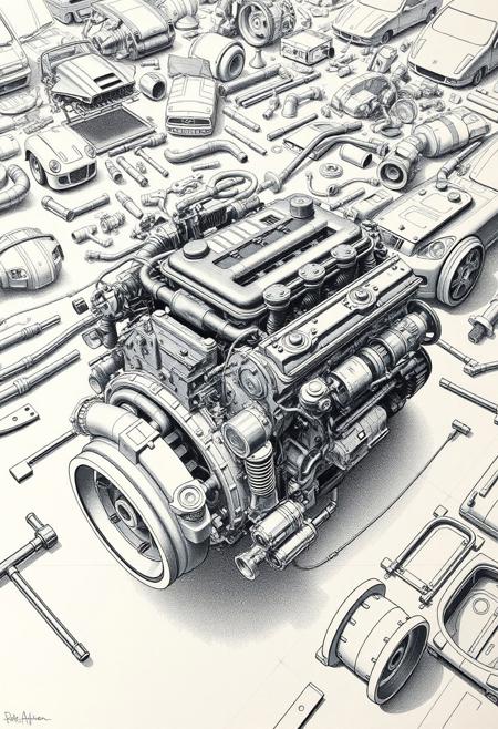 a technical drawing of a disassembled car engine in the style of Peter Aschwanden, engine parts spread out in the background, car parts, multiple pieces, overwhelming array of parts, highly detailed and intricate