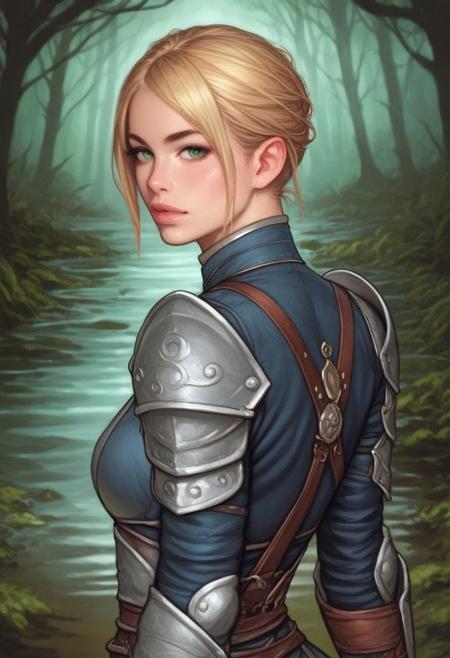 Beauty young clean face, back view, Highly detailed, looking at viewer, from the front 1 girl, illustration, Skinny, masterpiece quality, best quality, Cowboy shot, realistic drawing, anime style by Sam Yang,
Sharp, highly detailed 2D illustration,
Hyperrealism, soft light, sharp features.
Character Details: 1girl, 25 years old, wearing in metal armor, <lora:LLDN:0.8> LLDN, watercolor, detailed drawing, 1girl, beautiful, makeup, light hair, green eyes, An atmospheric and powerful dark fantasy, natural organic and impressionist classical-style painting of a girl with a sword. The girl is sitting on a stone. The sword is long and silver. The armor is made of metal. Dynamic action pose, ((full clothed)) looking at viewer, slight cleavage Dynamic action pose, ((full clothed))
Background: (forest, swamp:1.9)
score_9, score_8_up, score_7_up, score_6_up, source_cartoon, rating_explicit, Expressiveh, (((((upper body))))), dynamic pose
