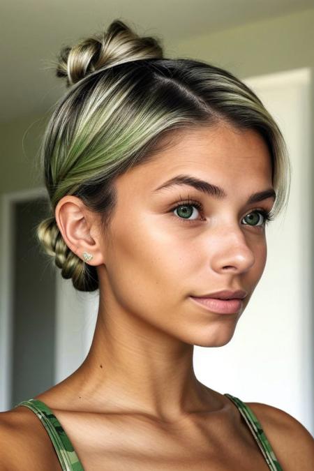 upper body <lora:FranceskaFournier_v1:.9> FranceskaFournier, focus on face, wearing camo , her light light green hair is styled as french braided chignon,