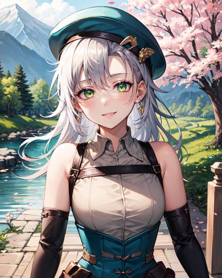 best quality, (masterpiece:1.2), illustration, absurdres,
(1girl), (solo), (beautiful detailed girl),  (upper body, portrait),,
<lora:FieKuro:1>, white hair, long hair, green eyes, medium breasts
green beret, green corset, white skirt, brown top, bare shoulders, black gloves, elbow gloves,  black boots, thighhigh boots, 
looking at viewer, smile,
distant mountains, cherry trees, cherry blossom, petals, japanese architecture, river,