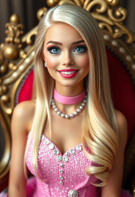 A professional photo of a dazzling princess who looks like Barbie. She has very long straight shiny blonde hair parted on the side and curled at the ends. Her huge blue eyes are open wide with excitement. She is wearing glamorous makeup and pink lipstick. She is wearing a sparkling pink princess dress and pink choker. She is sitting on a fancy throne and smiling.