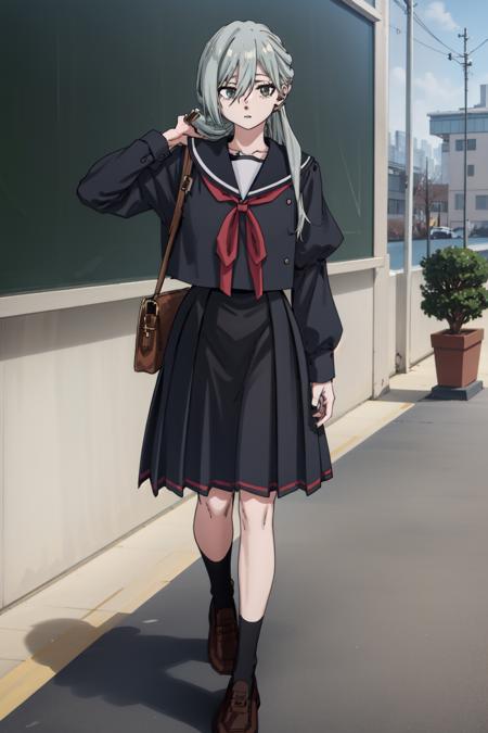 masterpiece, best quality, highres, Sharp focus, dslr photo, HD, UHD, 8K, school, classroom, subaru hoshina, 1girl, solo, long hair, skirt, shirt, long sleeves,   school uniform, ponytail, grey hair, pleated skirt, shoes, serafuku, puffy sleeves, sailor collar, black footwear, neckerchief, brown footwear,  loafers, Walking with one hand brushing hair back <lora:HoshinaSubaruV2:0.85>