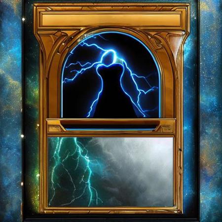 a blank trading card, storm and magic blue, heroic fantasy style, with a picture box, (masterpiece, best quality:1.2), a picture box, a subtitle box and a text box, gold e gems  <lora:bct-render3:0.35>