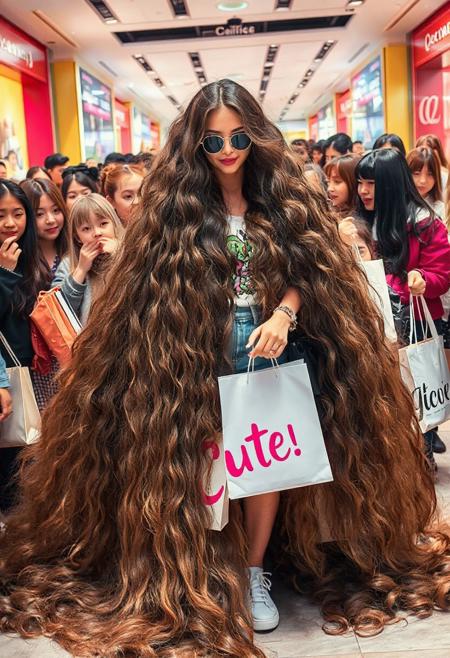 An Instagram photograph of a beautiful, extremely long-haired influencer shopping. Her hair is so voluminous that it nearly envelops her completely and it is spread around the floor at her feet. She has many friends around her, holding bags from various stores, with "Cute" written on one of them. The background features several girls adding to the cheerful atmosphere. This scene captures vibrant colors and lively expressions, showcasing fashion as part of daily life for these characters