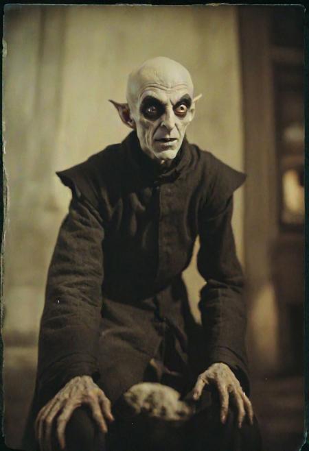 highly detailed and hyper realistic dynamic 35mm photo of Nosferatu, shot on polaroid film, cinematic still frame, film grain, shallow depth of field, creepy, crouched, faded colors, vintage, motion blur, high contrast, deep shadows, highly detailed and hyper realistic