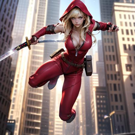 woman, red outfit and hood holding sword