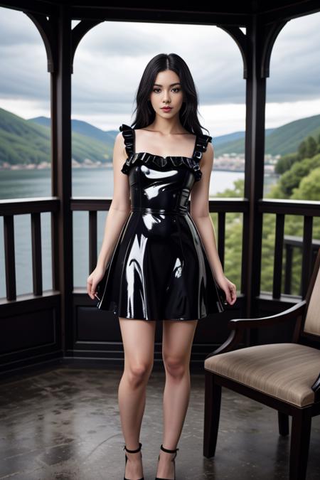 realistic, masterpiece, high detailed skin, looking at viewer, full body shot, scenic view, long hair, black hair
<lora:Latex_ Frock_Dress_By_Stable_Yogi:0.8> black latex, short frock, frills, lace