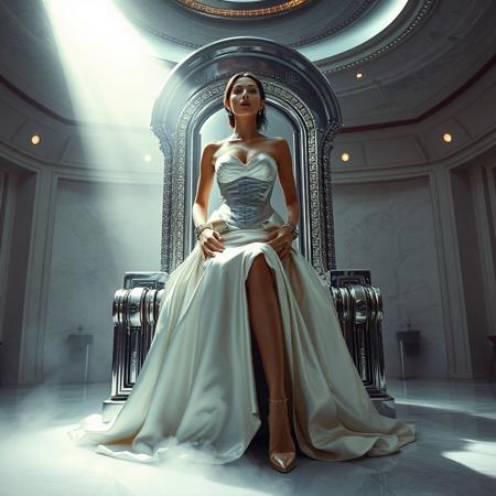 A slender, arrogant  rich norvegian bride, dressed in a luxurious, rich fantasy satin wedding gown with a fitted, boned corset and a full, flared skirt, paired with satin high heels, orgasm face, encased in beam of light from celling. The brainwashing temple electrode,  connected to a  futuristic superconputer rack. Her hands and ankles are bound to a polished steel throne with massive glass hood  by massive steel restraints, accentuating her ultra-thin waist.  weird fog from the floor. The scene is set in a sterile, empty chamber, with a glossy mother-of-pearl finish, evoking a sense of futuristic dread. Inspired by the cinematic styles of Ridley Scott, Guillermo del Toro, and H.R. Giger, with a blend of sci-fi and horror elements, this full-body portrait is a masterpiece of cinematic storytelling, shot on a virtual v-raptor XL camera, with a warm, film-grained aesthetic, subtle vignette, and rich color grading, reminiscent of 35mm film, with dramatic, atmospheric lighting, inviting the viewer to immerse themselves in this epic, stunning scene.