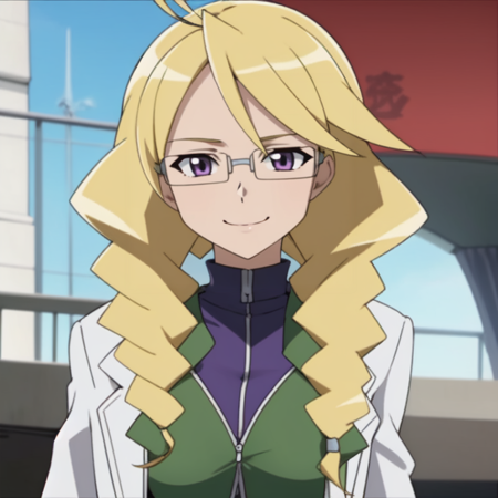 1 girl, blonder hair, purple eyes, two braids, glasses, hair Antenna, labcoat, brown miniskirt, green jacket, dark red high heels