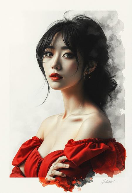 photorealistic ink poster, double exposure image, the first image is located at the top, it shows a portrait of a beautiful oriental woman in a short red dress, with disheveled hair, bare shoulders, slightly parted lips, detailed fabric, [masterpiece], [best quality], chiascuro,