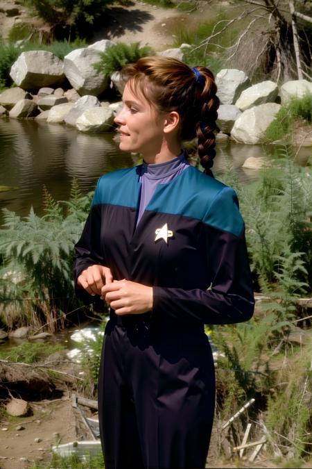 woman in teal voyunf uniform ,pigtails,near a lake<lora:VoyunfRefined:0.8>