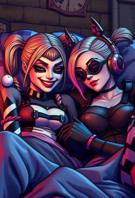 score_9, score_8_up, score_7_up, 4K, UHD
(((Borderlands video game style shading)))
Intricate Details, Amazing Quality, 
Harley Quinn, Catwoman, best friends, sleepover