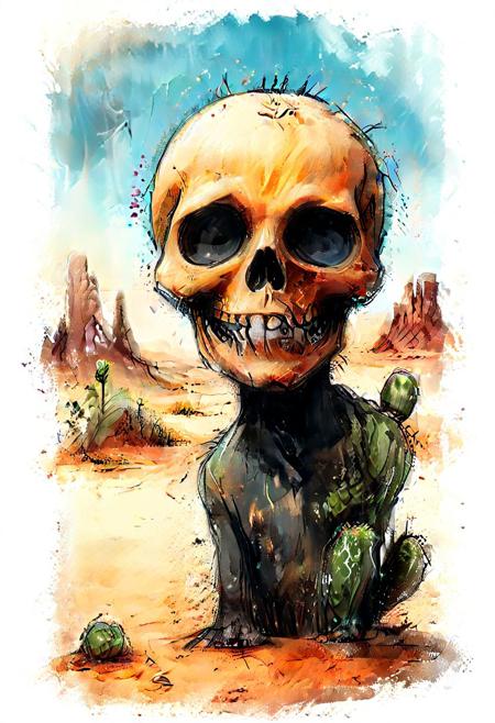 impactful color paint of cute drawing of a skull in desert, snake, cactus, highly detailed,  8k,   sharp,  professional, clear,   high contrast, crystal clear