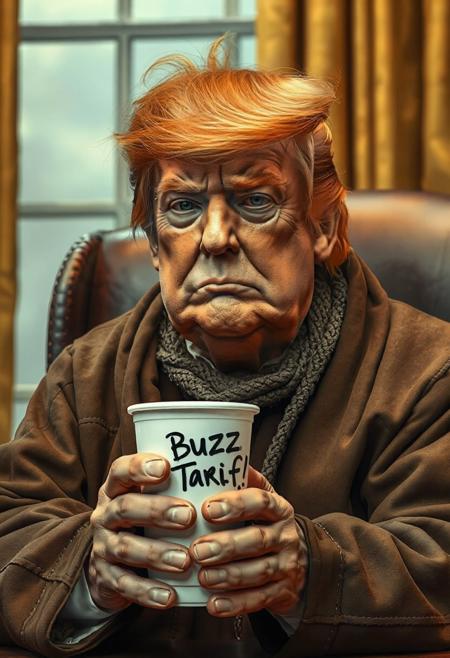 Ultra high quality, very detailed, intricate detail, Donald Trump sitting in the oval office, wearing a beggar outfit, messed up orange hair, squinting, holding a plastic cup that has text "Buzz Tariff!"