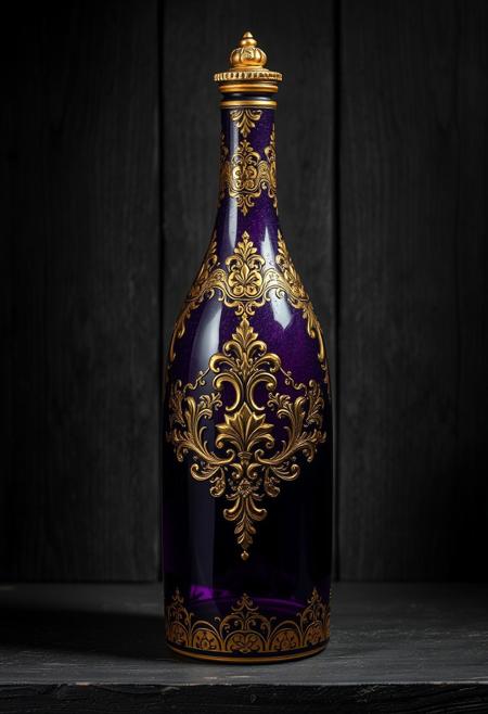 A Highly Detailed And Intricately Designed Purple And gold Bottle Surrounded By A Shadowy Black And Gray Weathered Shelf Background