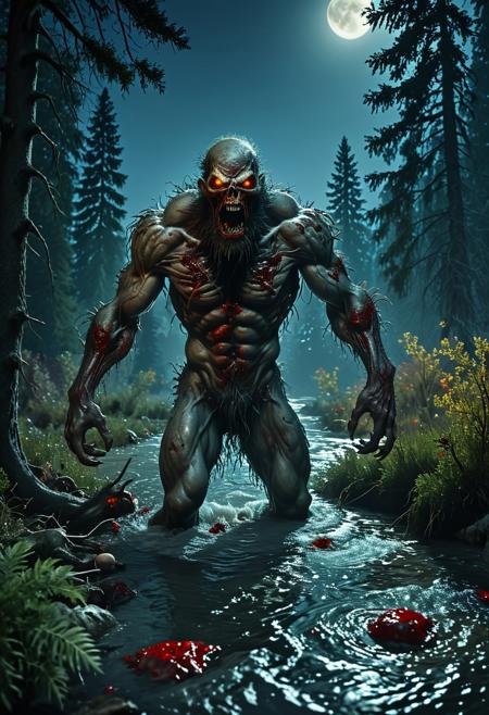 Enraged, massive zombie with a brain composed of muscles and tendons, a hairy demonic creature with a tooth saw, copious blood, captured in found footage, lurking beneath a bloody river during a full moon, surrounded by conifers as a dismembered tree lies nearby.