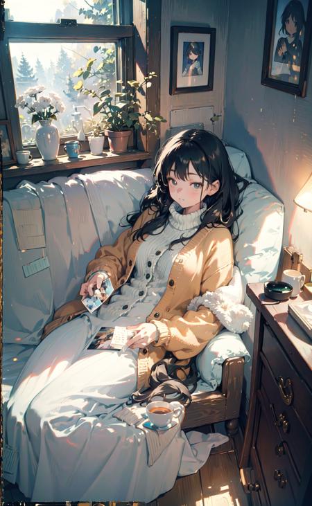 polaroid photo, masterpiece, best quality, 1girl, relaxing in the morning, tranquil, peaceful, cozy, relaxed, fluffy knit cardigan, warm lighting