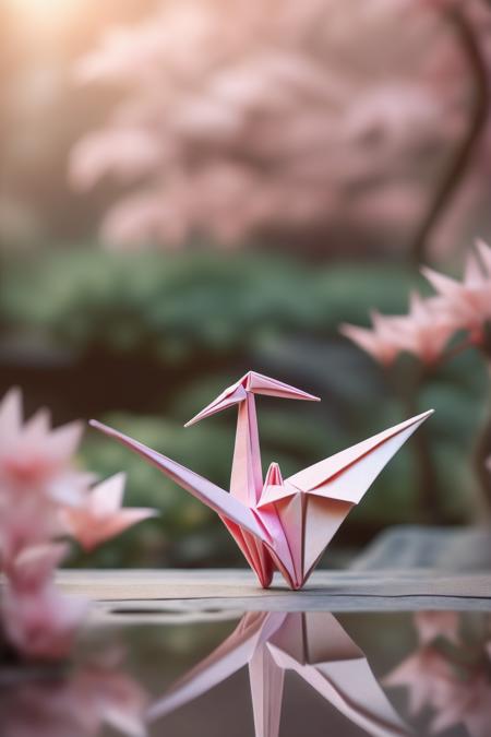 <lora:ORIGAMI:1>ORIGAMI - Origami crane in a serene Japanese garden, minimalist style, pastel colors, soft lighting, shallow depth of field, paper texture detail, watercolor effect, art