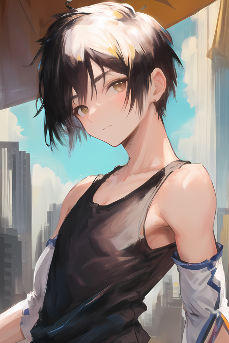 1boy, short hair (shaved sides), tank top (detached sleeves), looking at viewer, upper body, from side