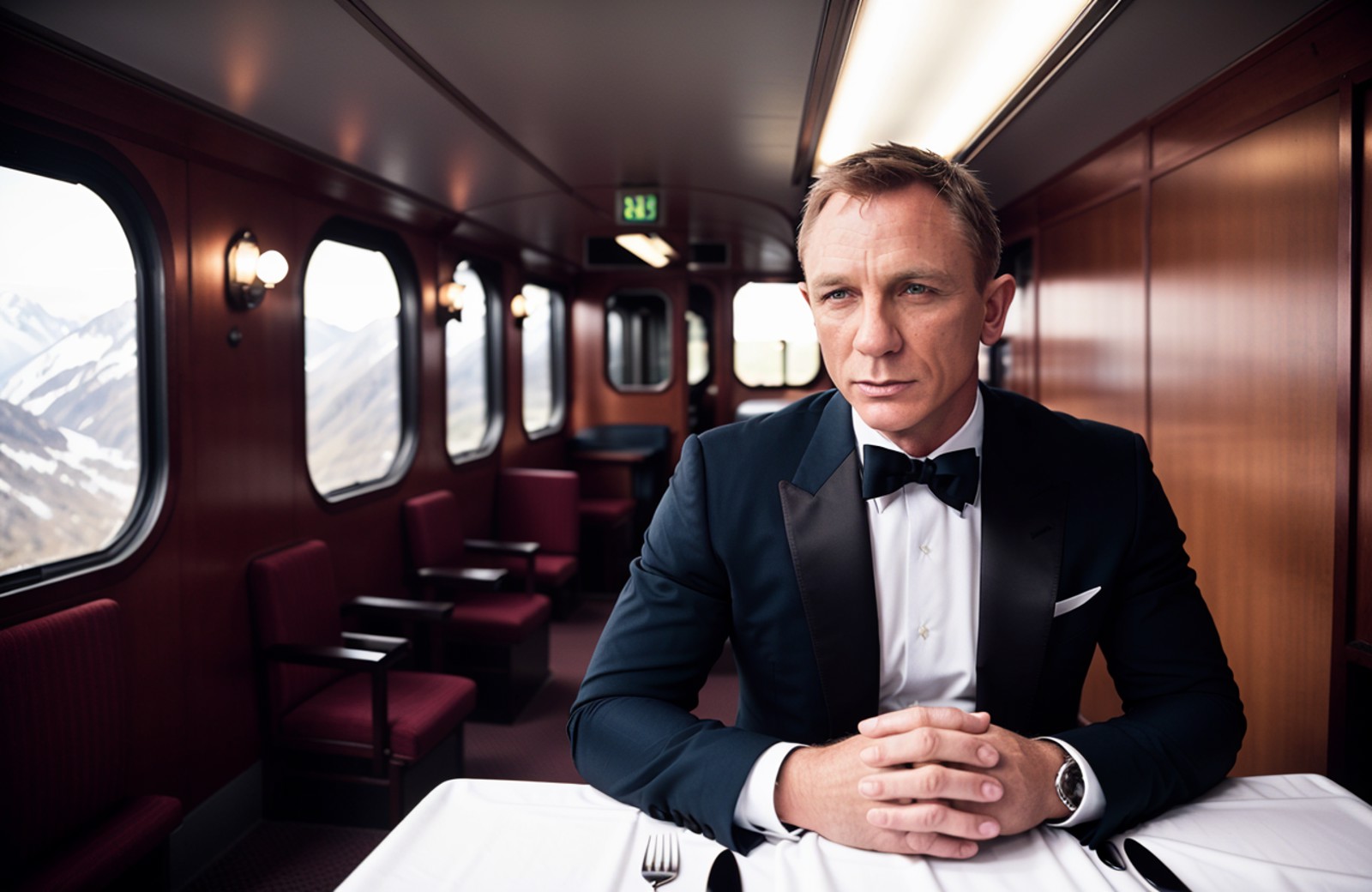 award winning (portrait photo:1.4) of a handsome man, 007danielcraig with in a train restaurant car, dining room, swiss al...