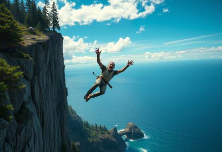 realistic, complex shadows, intricate details, high quality, hi res, best quality, beautiful, BREAK jar jar binks, screaming, jar jar binks falling off a cliff, flailing arms, view from a distance, 50 meters away, far away, forest, cliff face, ocean, sharp rocks at bottom of cliff, blue sky, clouds, vivid colours, high contrast,