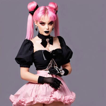 1girl, fires a flamethrower, anime, solo, long hair, breasts, looking at viewer, bangs, simple background, black hair, hair ornament, dress, bow, ribbon, bare shoulders, twintails, jewelry, very long hair, upper body, pink hair, short sleeves, multicolored hair, earrings, parted lips, detached sleeves, sleeveless, puffy sleeves, hand up, bowtie, pink eyes, grey background, hair bun, nail polish, black dress, puffy short sleeves, wrist cuffs, double bun, black bow, makeup, sleeveless dress, black background, brooch, gem, pink nails, skull hair ornament, skulls on a belt,<lora:Flamethrower:1>
Flamethrower, ((demolished city on a background))
