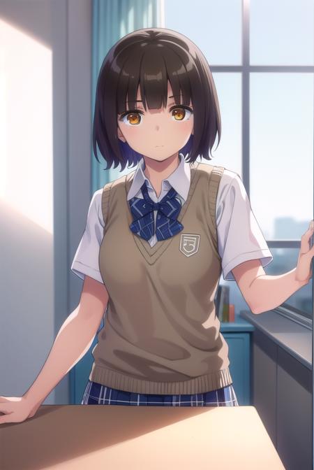 kanatahiga, <lora:kanata higa anime s1-lora-nochekaiser:1>,
kanata higa, short hair, bangs, brown hair, (brown eyes:1.3),
BREAK shirt, bow, school uniform, white shirt, short sleeves, bowtie, blue bow, sweater vest, plaid bow,
BREAK indoors, classroom,
BREAK looking at viewer,
BREAK <lyco:GoodHands-beta2:1>, (masterpiece:1.2), best quality, high resolution, unity 8k wallpaper, (illustration:0.8), (beautiful detailed eyes:1.6), extremely detailed face, perfect lighting, extremely detailed CG, (perfect hands, perfect anatomy),