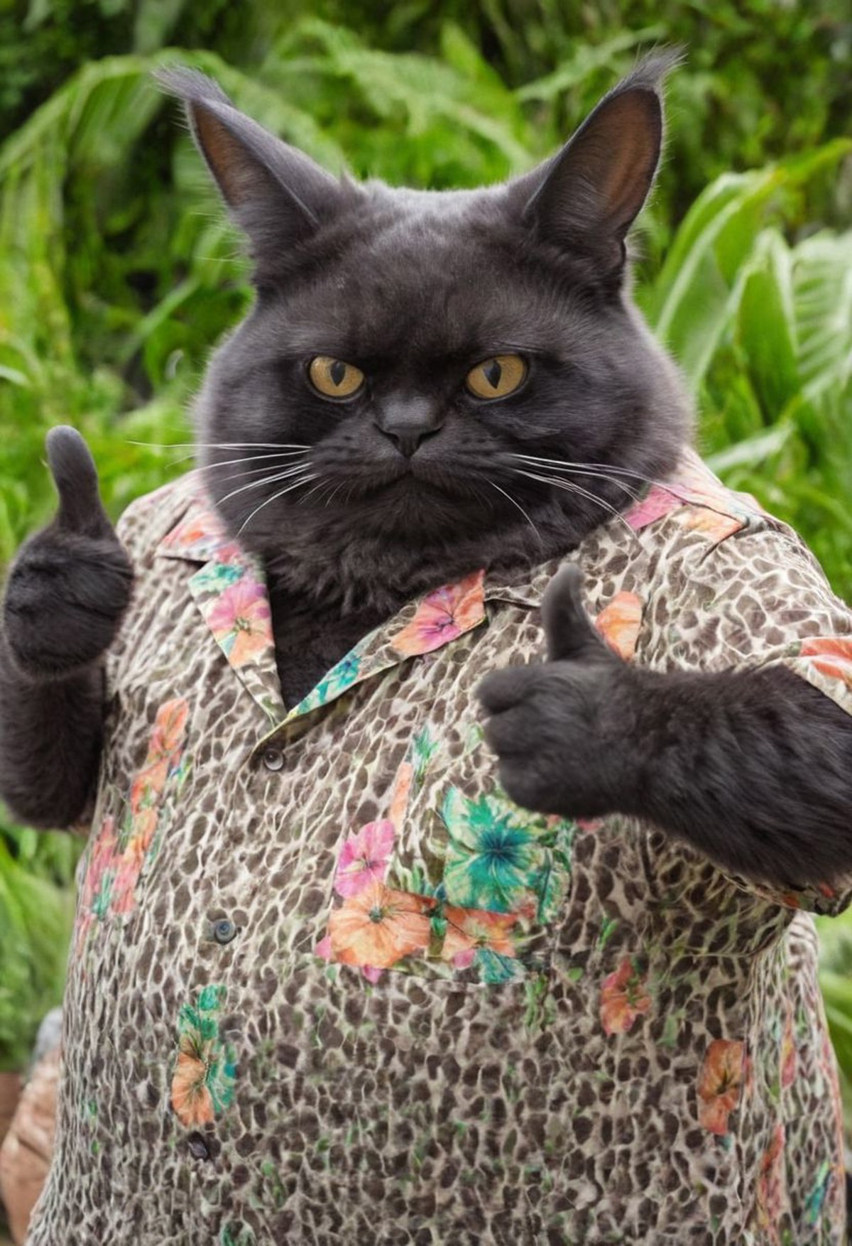 Big lebowsky film Style photography, Closeup, thumb-up, a fluffy obese black Cheshire Cat in vibrant colorful hawaiian shi...