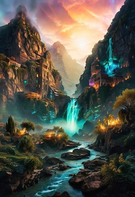 (by Ellen Jewett:1.5), (Bioluminescent Impressionism, Egyptian landscape, The Dreamland,, their peaks veiled in mist. mixed media, surrealism, great lighting, A surreal landscape highly detailed . extremely high-resolution details,  appears trapped in an optical illusion of reflections and refractions colorful , mountains and village in Turkey, professional photography, natural lighting, volumetric lighting maximalist. intricately detailed, complex, elegant, expansive, fantastical, waterfall, ethereal landscapes, depth of field, biotech emotion:1.3) <lora:xl_more_art-full_v1:0.5> <lora:add-detail-xl:1> <lora:RMSDXL_Creative:2>