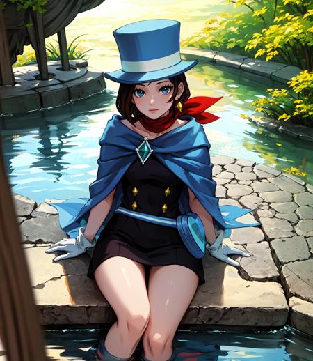 masterpiece, best quality, outdoors, grass, field, flower field, 
cosmieyes, eye focus, eyelashes, reflection,
minukidef, 1girl, solo, looking at viewer, sitting, cowboy shot, 
hat, top hat, jewelry, cape, blue headwear, earrings, scarf, gloves, white gloves, dress, spade (shape), club (shape), diamond (shape), heart, boots, 
<lora:LoRA_Minuki:1>, <lora:CosmicEyes:1>