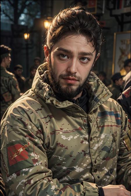 handsome man, beautiful hair, beard, prigozhin,  <lyco:celeb_ prigozhin:1.0>, (soviet art), military