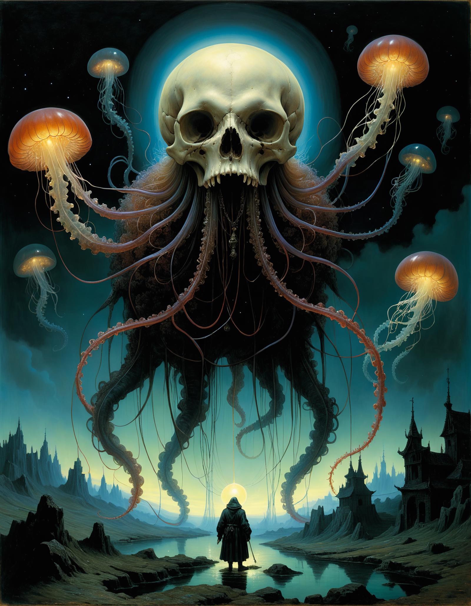 A surreal artwork of a skeleton-like creature with many tentacles, surrounded by jellyfish and other sea creatures.
